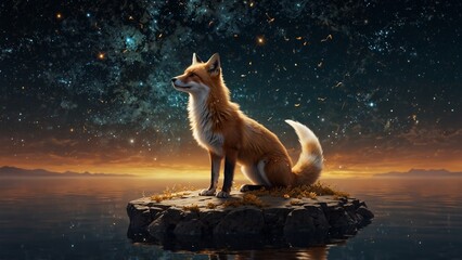 A celestial fox with nine glowing tails, standing on a floating island under a sky full of golden constellations.