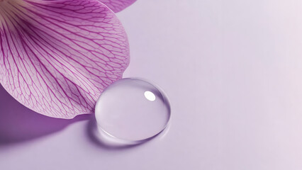Bakuchiol and Psoralea corylifolia flower petal with water droplet, skincare concept