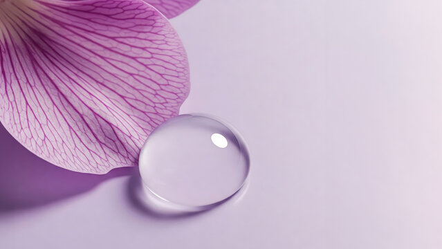 Bakuchiol and Psoralea corylifolia flower petal with water droplet, skincare concept