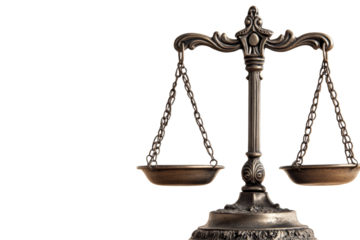 Antique balance scales on black background, cut out transparent