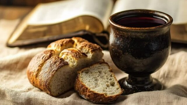Holy Communion with Bible, Rustic Bread and Chalice of Red Wine, Spiritual Still Life, Eucharist Symbolism, Christian Worship, Sacred Meal, Religious Ceremony, Warm Lighting, High-Quality Cinematic Cl
