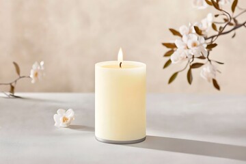Lit candle for spring blossoms, serene scene.