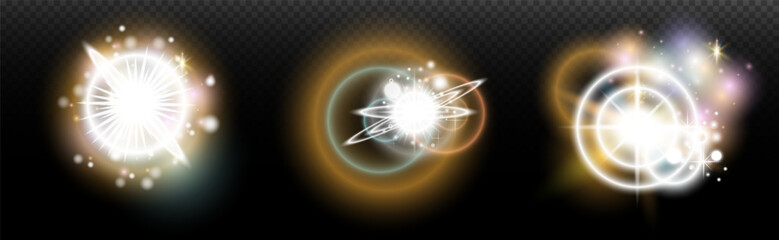 Set of flash light effect with glare and glow on a transparent background. Magic, rainbow glow, shining light, stars, optical flares for design, photomontage, New Year and holiday projects.