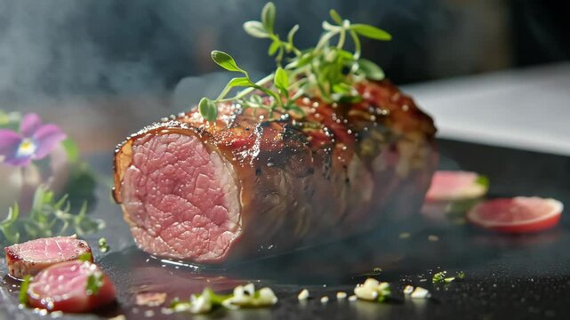 Freshly roasted spring loin meat decorated with edible flowers
