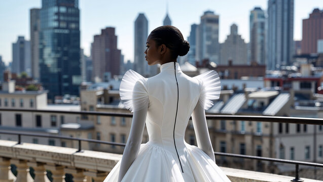 Fashion model wearing elegant white wedding dress posing on rooftop with city view