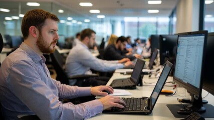 Office workers focused on computers in a modern workspace environment