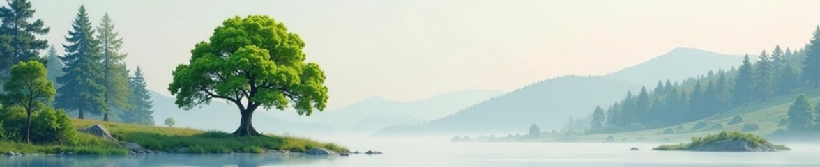 Fototapeta premium Isolated tree in a serene forest-like environment on a grayish-white surface, foliage, woodland