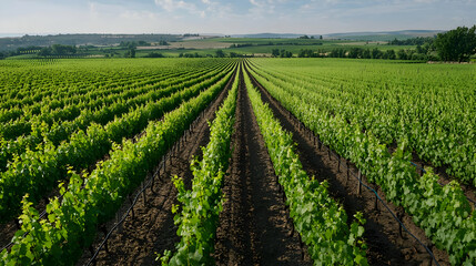 Obraz premium Extensive Vineyard Rows Under Sunny Sky