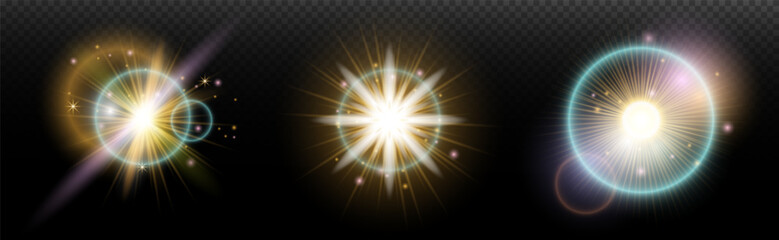 Set of flash light effect with glare and glow on a transparent background. Magic, rainbow glow, shining light, stars, optical flares for design, photomontage, New Year and holiday projects.