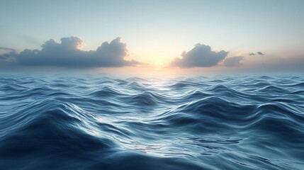 Obraz premium Serene Ocean Waves at Sunset Illuminated by Soft Light with Dramatic Cloud Formation Above Horizon