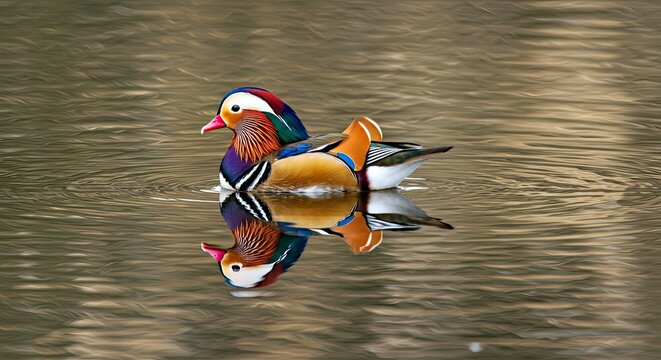  A Mandarin Duck Reflecting Its Brilliant Colors on a Still Lake