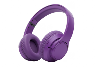 A sleek modern pair of over-ear headphones in a vibrant purple color isolated on transparent background