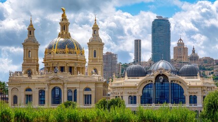 Obraz premium Historic buildings, sunny cityscape, modern architecture, city panorama