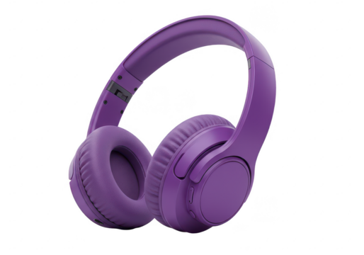 A sleek modern pair of over-ear headphones in a vibrant purple color isolated on transparent background