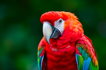 Obraz premium Brilliant Scarlet Macaw Displaying Its Vibrant Red, Blue, and Yellow Feathers in a Lush Tropical Setting, Showcasing the Beauty of Exotic Wildlife