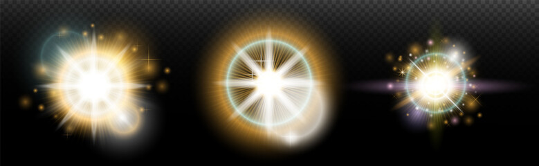 Set of flash light effect with glare and glow on a transparent background. Magic, rainbow glow, shining light, stars, optical flares for design, photomontage, New Year and holiday projects.