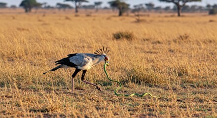  A Secretary Bird Hunting a Snake in the African Savanna