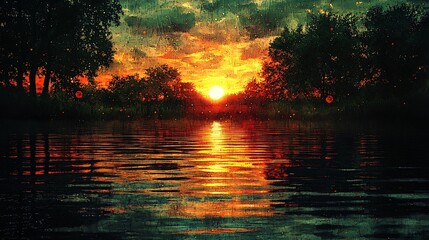 Serene Sunset Over a Tranquil Lake Surrounded by Lush Trees and a Vibrant Sky of Orange and Gold