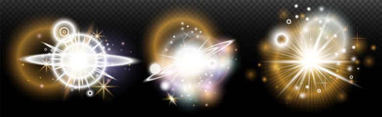 Fototapeta premium Set of flash light effect with glare and glow on a transparent background. Magic, rainbow glow, shining light, stars, optical flares for design, photomontage, New Year and holiday projects.
