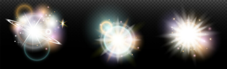 Set of flash light effect with glare and glow on a transparent background. Magic, rainbow glow, shining light, stars, optical flares for design, photomontage, New Year and holiday projects.