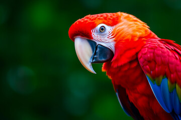 Obraz premium Brilliant Scarlet Macaw Displaying Its Vibrant Red, Blue, and Yellow Feathers in a Lush Tropical Setting, Showcasing the Beauty of Exotic Wildlife