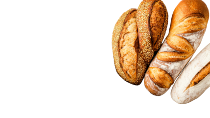 Bread assortment on dark backdrop, culinary delight, baked products, cut out transparent