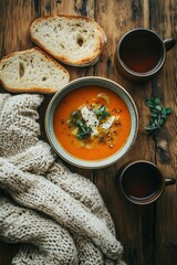A flat lay of a hearty bowl of vegetable soup, crusty bread, and herbal tea on a rustic wooden table, with a soft woolen scarf draped nearby, creating a warm and wholesome mood.