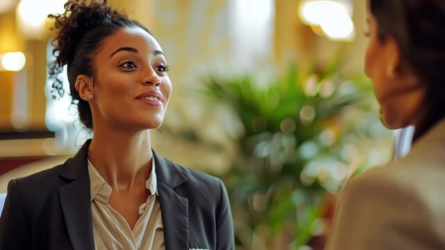 Smiling black female receptionist talking with guest