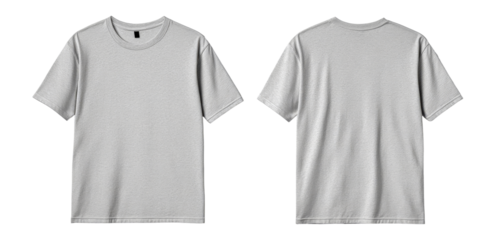 Two gray t-shirts on display, front and back views, cut out transparent