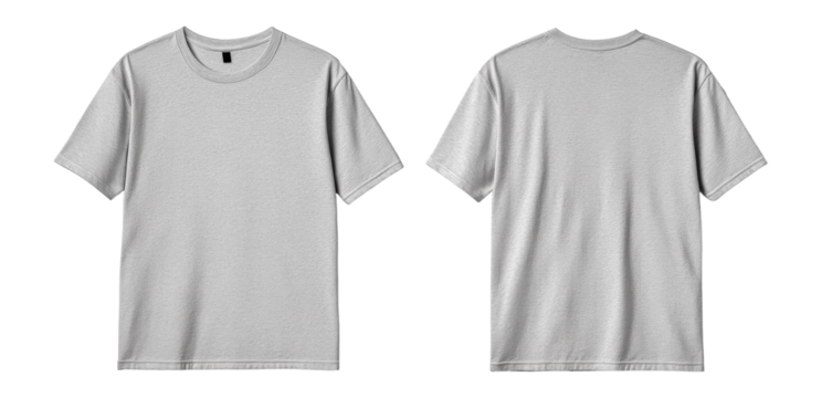 Two gray t-shirts on display, front and back views, cut out transparent