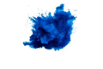 Powder explosion in blue hues on black background, cut out transparent