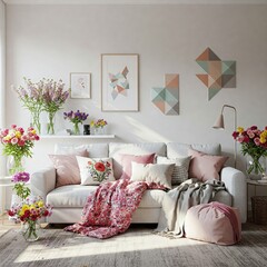 Bright and Cozy Living Room with Modern White Sofa, Vibrant Accents, and Geometric Art – Stylish Home Interior Design