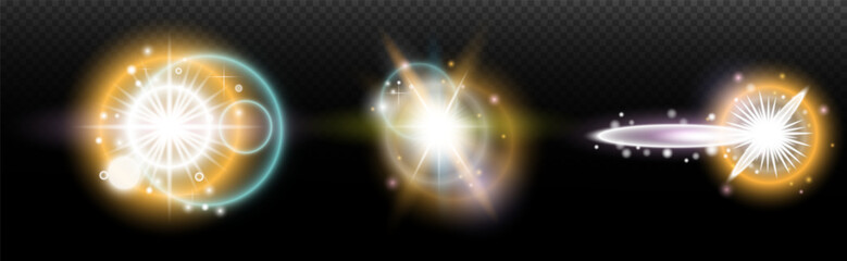 Set of flash light effect with glare and glow on a transparent background. Magic, rainbow glow, shining light, stars, optical flares for design, photomontage, New Year and holiday projects.