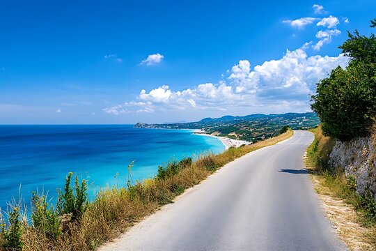 A coastal road with a view of turquoise waters, sandy beaches, and bright blue skies.