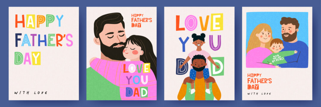 Fathers Day card set with cute trendy flat illustrations of dad with son, with daughter, family portrait and modern typography. Father's Day templates for ads, poster, cover, banner, social media