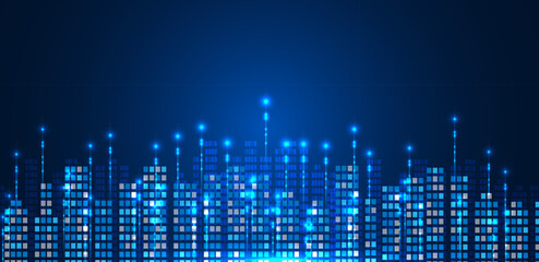 Futuristic building or smart city modern property on blue background. Vector concept.	