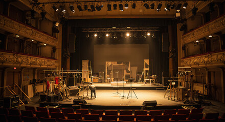 Classic Theater Stage with Vintage Set and Empty Audience Seats