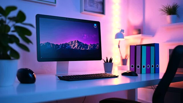 A cozy and inviting remote workspace with colorful binders neatly arranged on a white desk, illuminated by soft LED lights, creating a harmonious blend of warmth and professionalis