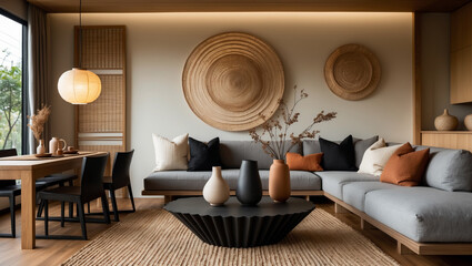 Serene living room design featuring a comfortable grey sectional sofa, complemented by earthy-toned woven wall art and natural light, creating a calm and inviting atmosphere.