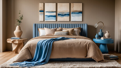 Serene Coastal Bedroom Sanctuary: A calming beige and blue haven featuring a plush quilted bedspread and tranquil watercolor artwork, softly lit for ultimate relaxation.