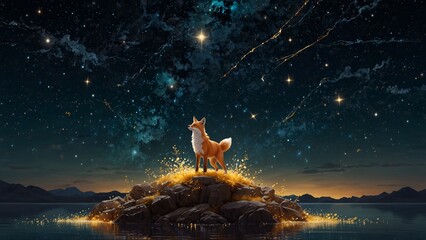 A celestial fox with nine glowing tails, standing on a floating island under a sky full of golden constellations.