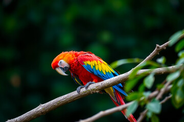 Fototapeta premium Brilliant Scarlet Macaw Displaying Its Vibrant Red, Blue, and Yellow Feathers in a Lush Tropical Setting, Showcasing the Beauty of Exotic Wildlife