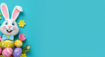 Fototapeta premium Easter Bunny and Colorful Eggs on a Blue Background
