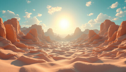 Naklejka premium Sunset over a surreal sandy desert landscape with orange rocks and mountains under a bright sky