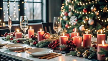 Fototapeta premium holiday party Elegant holiday table setting adorned with candles and decorations, creating a festive atmosphere.
