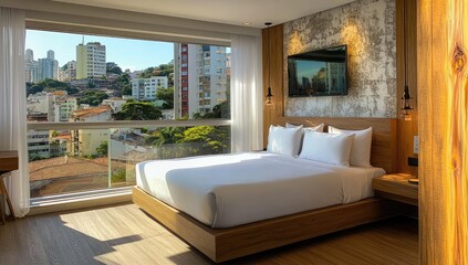 Modern hotel room with city views.  Spacious bedroom with large window offering stunning cityscape views, featuring a comfortable bed and contemporary d?cor
