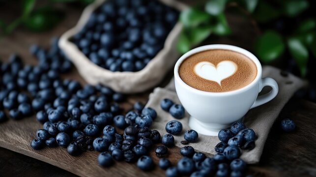Fresh blueberries and a latte art coffee cup