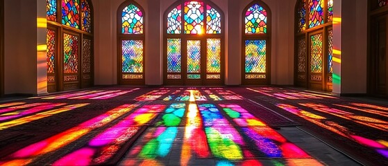 Sunlight streams through vibrant stained glass windows onto a colorful rug in a tranquil hall