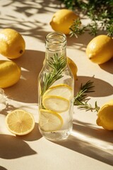 Refreshing lemonade drink in a glass bottle, surrounded by lemons and rosemary sprigs