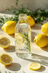 Refreshing lemon infused water in a bottle